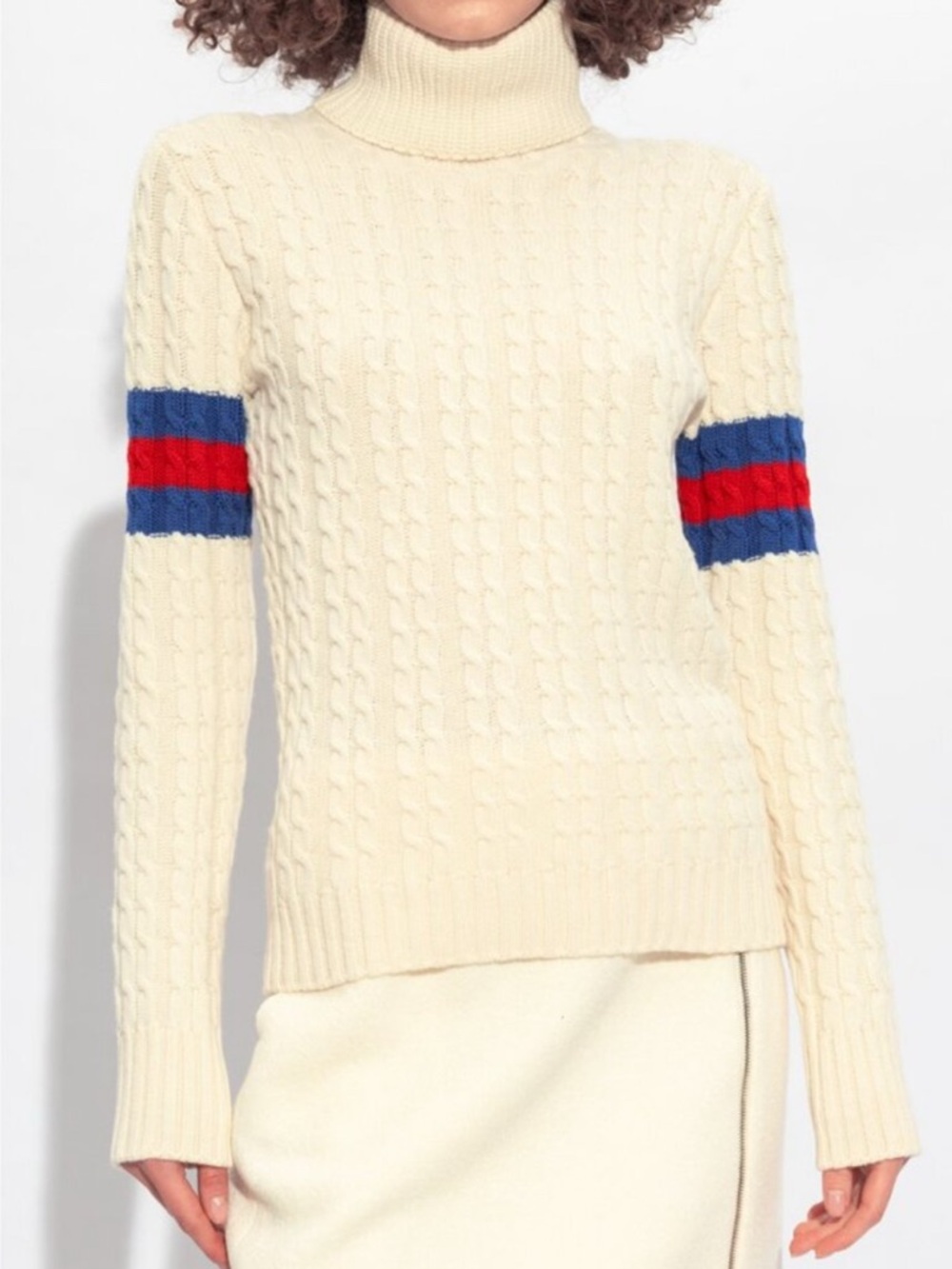 Gucci Cream Cable-Knit Turtleneck Sweater w Blue/Red Sleeve Stripes New w tag!